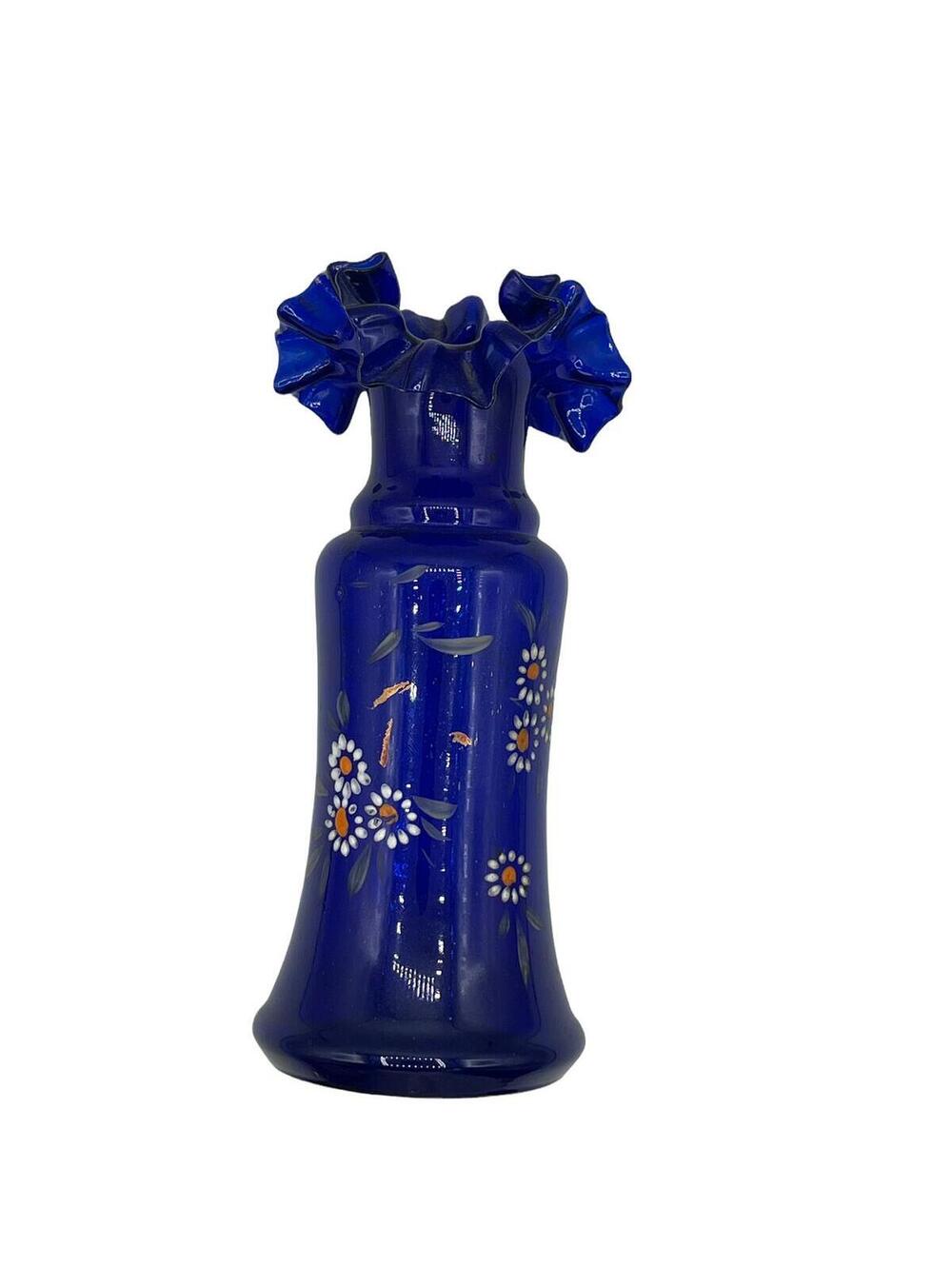 Vintage Cobalt Blue Glass Vase: Hand-Painted Flowers, Ruffle Rim - Picture 7 of 9